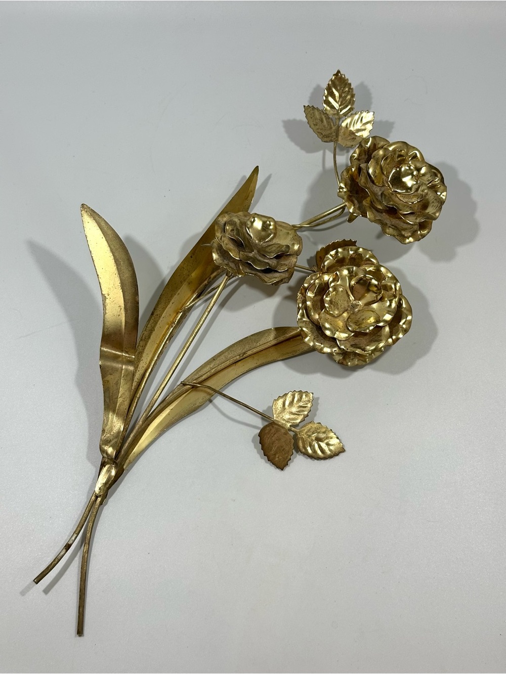 Vintage Brass Tone Rose Floral Wall Sculpture 3D Botanical Metal Decor 18” Glam